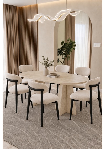 Bohem Traverten Masa Takımı Takımı 6 Kişilik Masa Sandalye Takımı İskandinav Takım Bej - 906143053 Bej