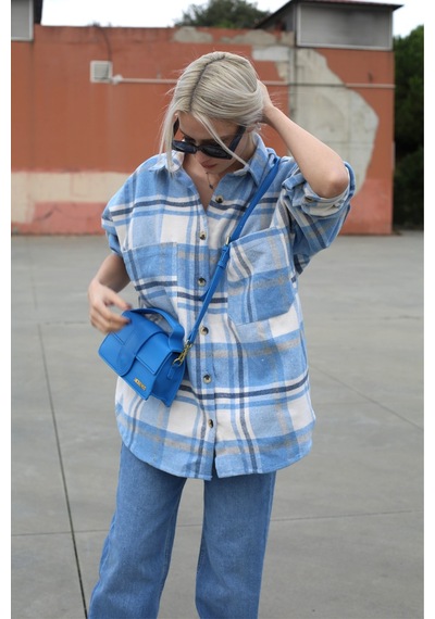 Madmext Mavi Oversize Kadın Oduncu Gömlek Mg1589