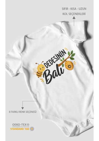 Morivokids Dedesinin Balı Kısa Kollu Bebek Body %100 Pamuk Beyaz