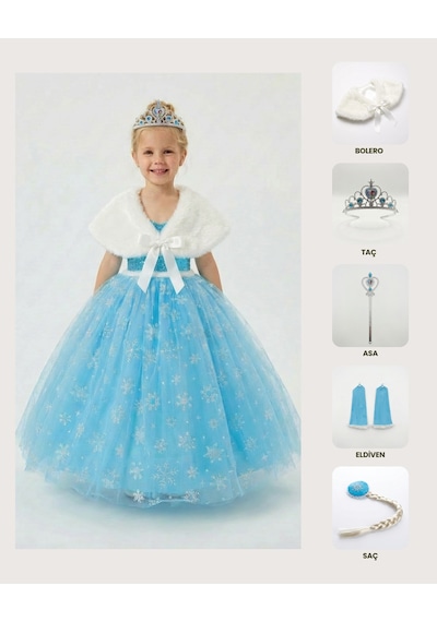 Butikhappykids Frozen Elsa Kostümü Askılı Kız Çocuk Bolero'lu Prenses Elbisesi Taç Asa Eldiven Saç Hediyeli Mavi