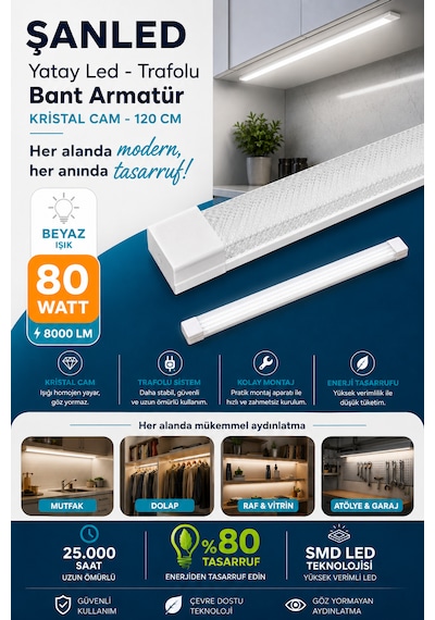 80wat 120 Cm Kristal Yatay Led Bant Armatür-trafolu Beyaz Işık -2 Adet