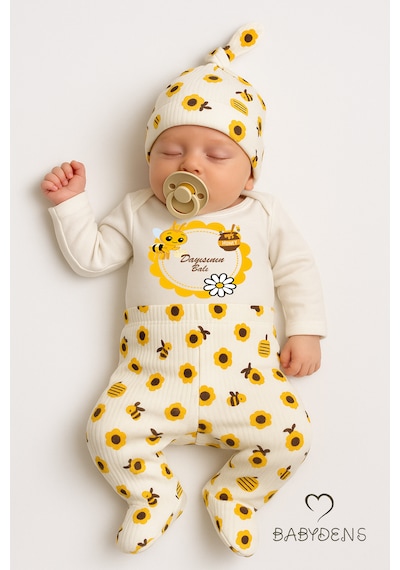 Babyden's Dayısının Balı Yazılı 3 Lü Takım Uzun Kollu Body, Patikli Alt Ve Şapka ,arılı Çiçek Desenli Bebek Takımı Ekru