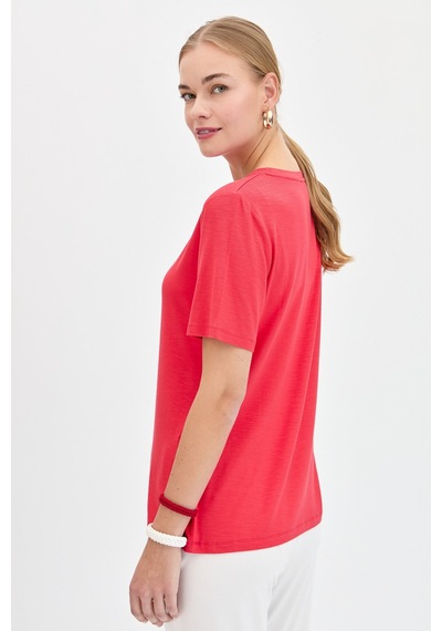Kadın Sıfır Yaka Flamlı Kumaş Penye Tshirt Mercan MERCAN