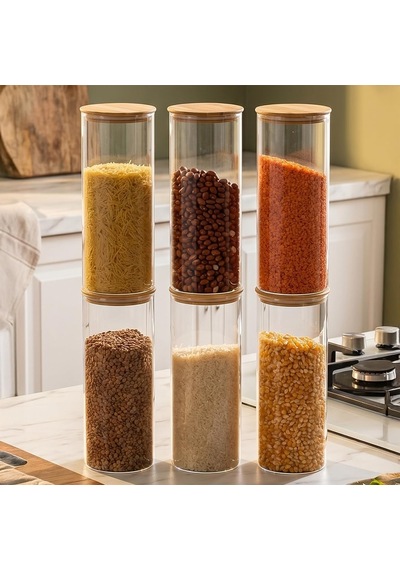 3-3 Bambu Vakumlu Kapaklı Yuvarlak Cam 6lı Kavanoz Seti Saklama Kabı 1650ml 10x25cm Diğer