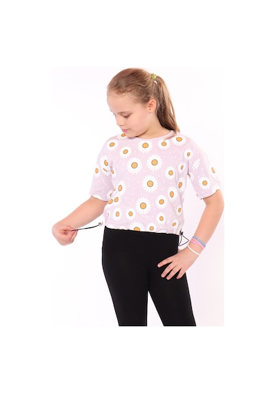 Toontoy Kids Kız Çocuk Baskılı Bisiklet Yaka Kısa Kollu Tişört - Beli Ayarlanabilir Açık Lila
