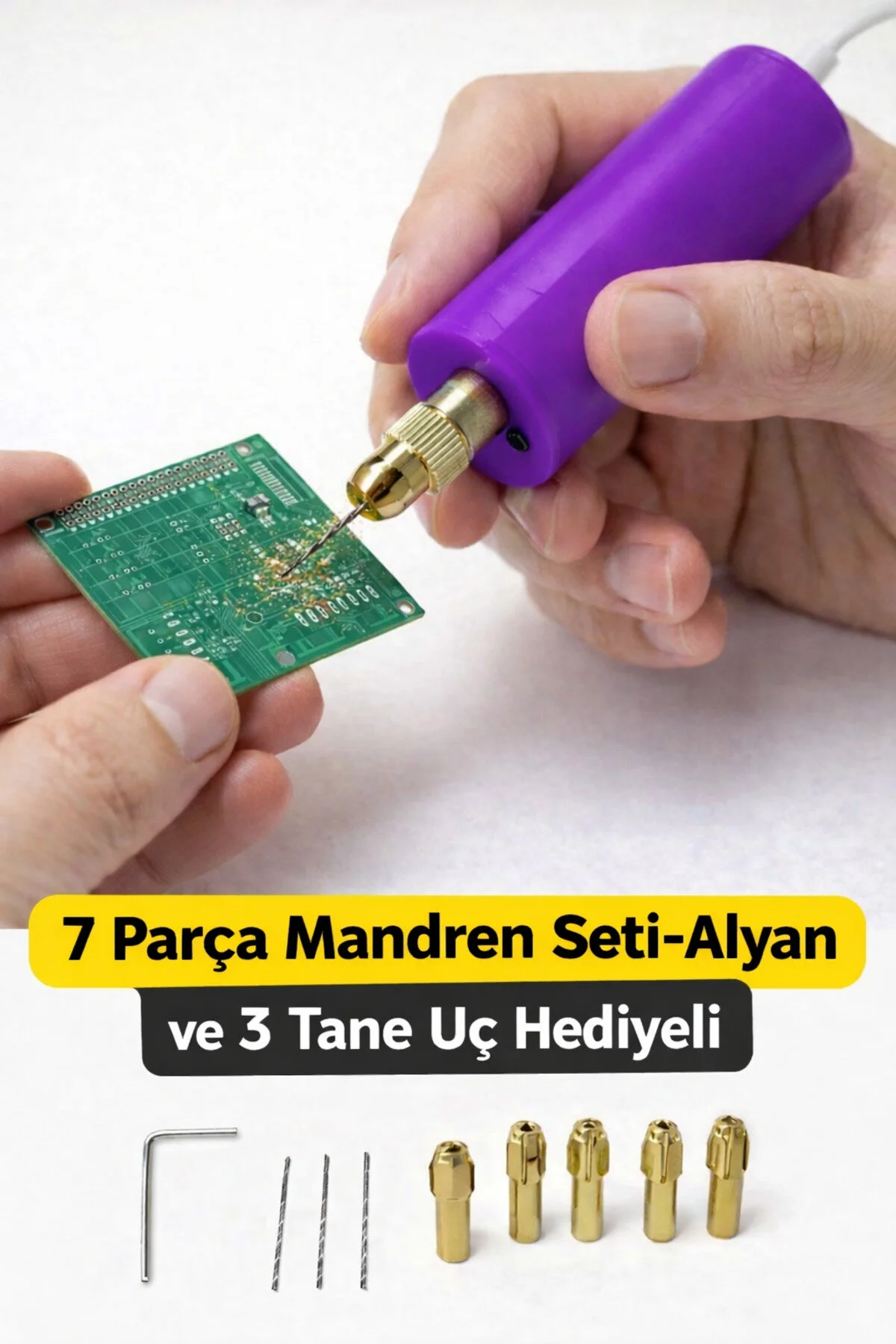Usb Mini Drill Matkap Seti , 7 Parça Mandren Seti , 3 Adet Mikro Matkap Ucu , Hassas Delme , Dıy , Mor