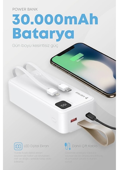 Taşınabilir 30.000 Mah Powerbank 22.5w Pd Hızlı Şarj, Led Gösterge, Android & Apple Uyumlu iOS Beyaz