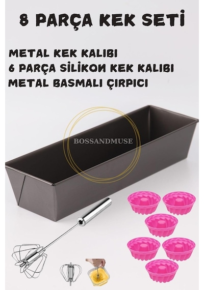 Bossandmuse 8 Parça Pasta Seti Metal Kek Kalıbı 6'lı Mufin Silikon Kek Kalıbı Yumurta Çırpıcı Gri