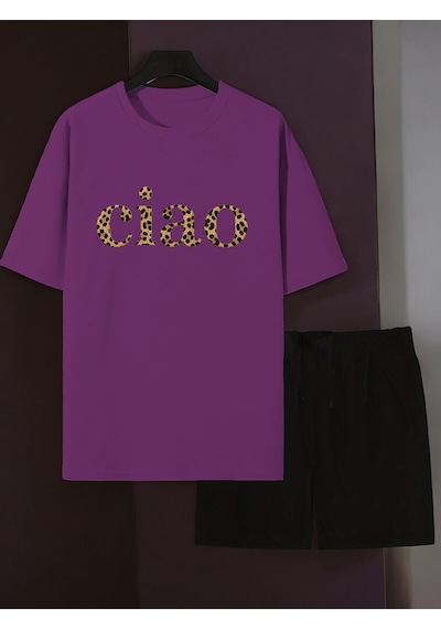 Uyguntarz Unisex Ciao Baskılı Tasarım Şort Takım Mor