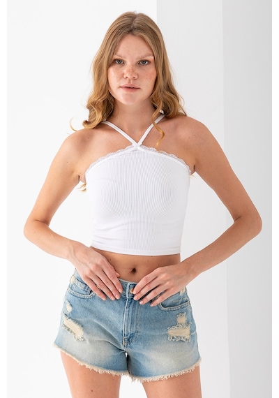 Giysa Kadın Çapraz Askılı Dantel Detaylı Crop Body Beyaz - Ms0000309 Beyaz