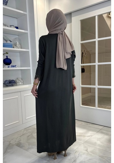 Rabia Şamlı Venüs Cupra Detaylı Triko Elbise Haki Normal