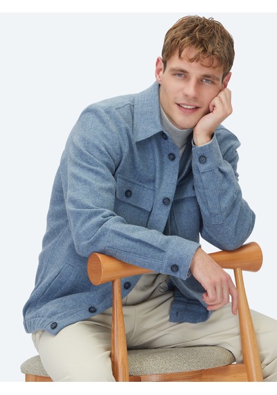 Kip Mavi Düz Regular Fit Uzun Dokuma Yün Karışımlı Overshirt
