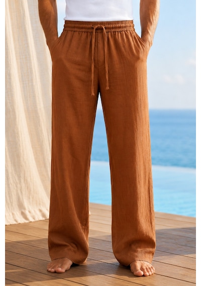 Tarz Cool Erkek Müslin Keten Karışımlı Rahat Kalıp Beli Lastikli Bağcıklı Yazlık Pantolon Tarçın Tarz Cool Erkek Müslin Keten Karışımlı Rahat Kalıp Beli Lastikli Bağcıklı Yazlık Pantolon Tarçın