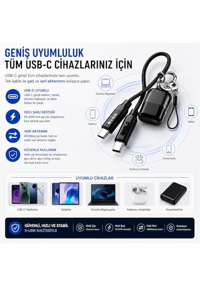 S-link Armor Cc-020 60w 20 Cm Type-c To Type-c Pd Örgülü Metal Başlıklı Siyah Hızlı Şarj Kablosu, Kısa Type C Diğer