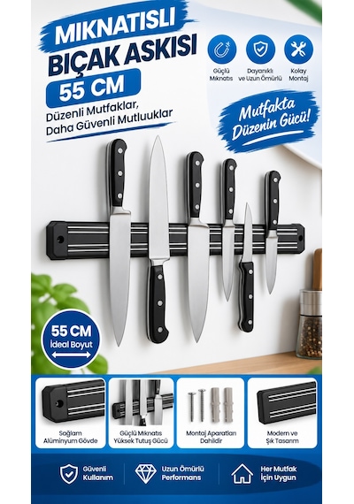 Mucit Home Mıknatıslı 55 Cm Bıçak Askısı Bıçak Tutucu Bıçak Organizer Bıçaklık siyah