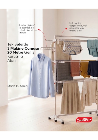 Home S3 Premium 3 Katlı Çamaşırlık Made in Korea Tam Katlanır Tekerlekli Çamaşır Kurutmalık