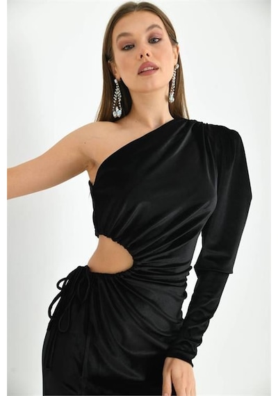 Dip Moda Kadın Kadife Omuz Detaylı Uzun Abiye Elbise Dpnbs9299 Siyah