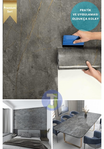 Technojet Kendinden Yapışkanlı Mermer Desen Folyo Mutfak Banyo Tezgah Duvar Kaplama 60cmx300cm Koyu Gri