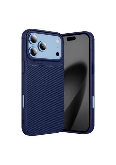 Apple İphone 18 Pro İle Uyumlu Karbon Tasarım Silikon Telefon Kılıfı Ve Temperli Cam Ekran Koruyucu Lacivert