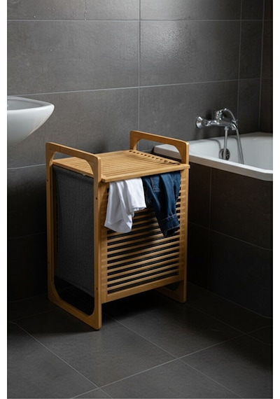 Porsima Pbt-350 Ahşap Bambu Kirli Sepeti Çok Amaçlı Banyo Düzenleyici Kirli Çamaşır Sepeti Organizeri Gri