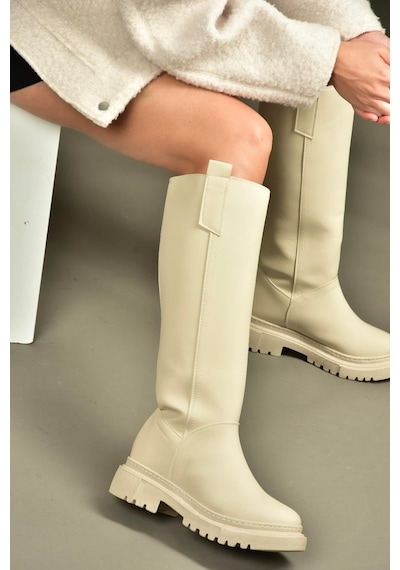 Fox Shoes V973555509 Bej Düz Tabanlı Kadın Binici Çizmesi Bej