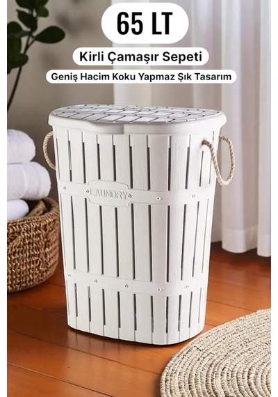 Kapaklı Kirli Çamaşır Sepeti 65 Lt Banyo Çamaşır Sepeti Kauçuk Kulplu Büyük Boy Çamaşır Sepeti Beyaz - 750463555 Beyaz
