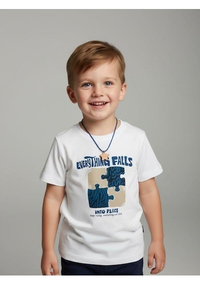 Zekids Erkek Bebek Yapboz Baskılı Pamuklu Kısa Kollu T-shirt-16930 Beyaz