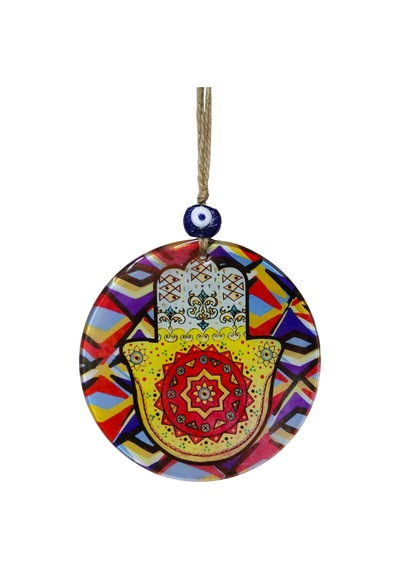 Renkli Geometrik Desenli Cam Hamsa Eli - Nazarlık Ev Hediyesi 16 Cm