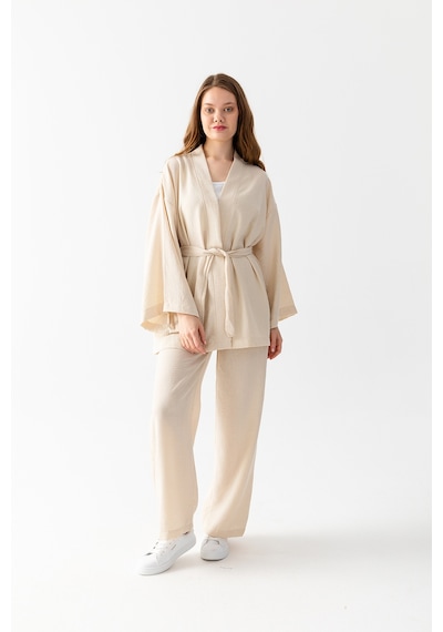 Zen Elegance Kadın Kimono Takım - Geniş Paça Keten Dokulu Alt Üst Yazlık Kadın Takım Bej Zen Elegance Kadın Kimono Takım - Geniş Paça Keten Dokulu Alt Üst Yazlık Kadın Takım Bej