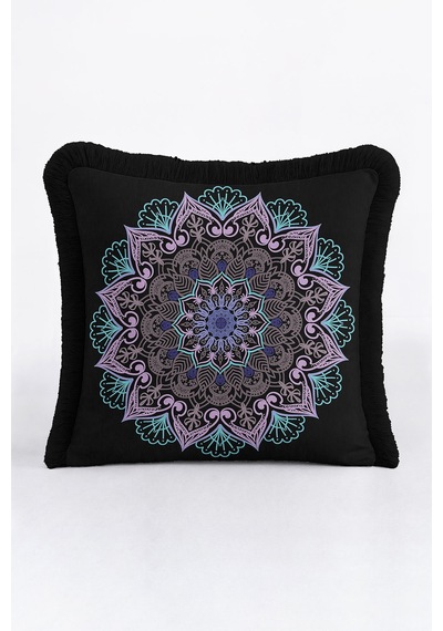 Mandala Motifli Saçaklı Yastık Kılıfı - Bohem Siyah Mor Püsküllü Kırlent Kılıfı Orman Koyu Kahve