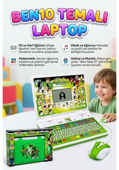 Sesli 100 Fonksiyonlu Ben10 Temalı Fareli Türkçe Ve İngilizce Destekli Eğitici Oyuncak Laptop
