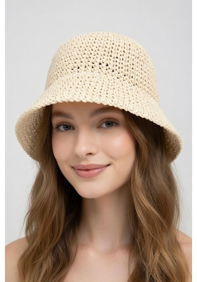 Mollycrush Kadın Bej Yazlık Örgü Bucket Şapka Güneş Koruyucu Trend Kova Model Hasır Bej