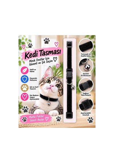 Kedi Tasması Siyah Kadife Zilli Ayarlanabilir Klips Tokalı Boyun Tasması