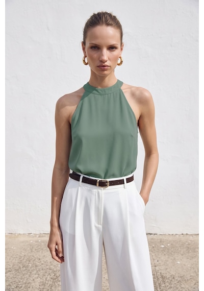 Sateen Halter Yaka Bluz - Mint-137734 MİNT