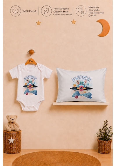 Pia Baby Erkek Bebek İsme Özel Hediye Seti %100 Pamuk Body Yastık Kılıfı Ve Ham Bez Bebek Kıyafet Kesesi 2048byk9x Ekru