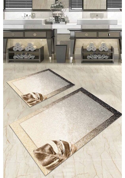 Bej Yaprak Desenli Banyo Halısı Klozet Paspas Seti Bs055n11