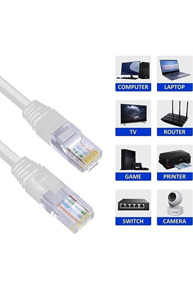 15 Metrelik Cat6 Lan Fabrikasyon Internet Data Kablosu Ethernet Modem Rj45 Uçlu Jacklı Network Adsl