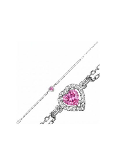Gümüş Pembe Zirkon Taşlı Kalp Kadın Bileklik Gümüş Gümüş