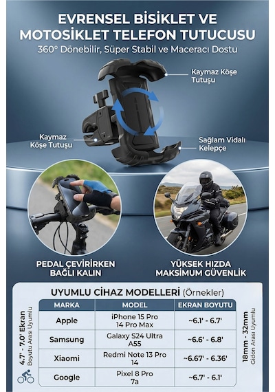 Motosiklet Bisiklet Telefon Tutucu Titreşim Önleyici 4 Köşe Kilit 360 Döner Mt6086 Siyah