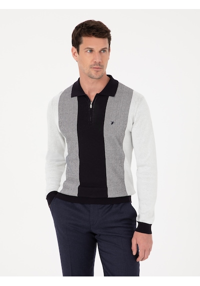 Cacharel Lacivert Slim Fit Pamuk Karışımlı Fermuarlı Polo Yaka Triko Kazak