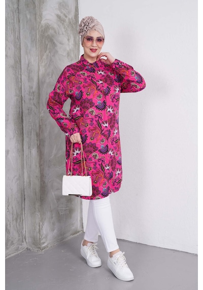 Polologin Butik Fuşya Rengi Çiçek Desenli Gömlek Tunik Fuşya