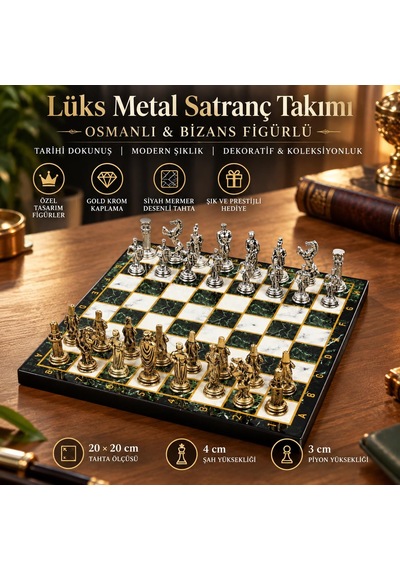 Lüks Metal Satranç Takımı Osmanlı Bizans Figürlü Krom Yeşil Mermer Desenli 20x20 Premium Hediye Seti