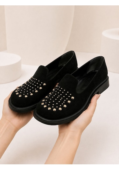 Dabab Shoes Monıca Kadın Siyah Süet Taşlı Zımbalı Yuvarlak Burun 2 Cm Kalın Taban Loafer Ayakkabı