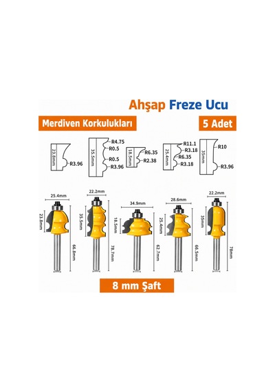 5 Parça Rulmanlı Ahşap Profil Freze Ucu Seti 8 Mm Sap