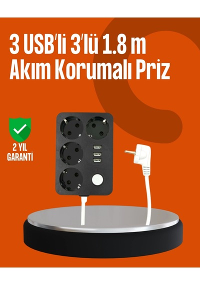 Mey İthalat Akım Korumalı 3 Usb Portlu 4 Lü Priz 4.1a Hızlı Şarj Diğer