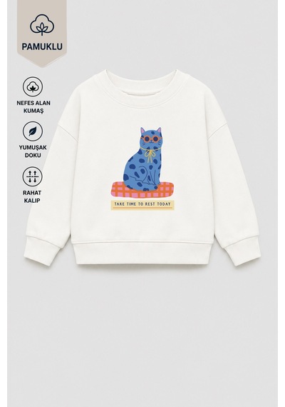 Monila Kız Çocuk 3 İplik Kumaş Pamuklu Kedi Baskılı Sweatshirt Ekru