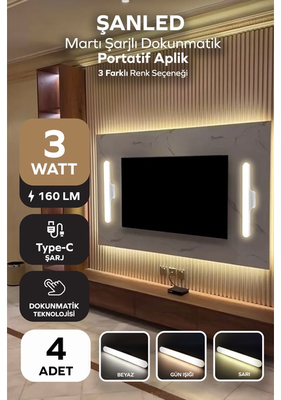 Şarjlı Mıktantıslı Işık Micro Usb Kablosuz Led 3 Farklı Işık Martı Aplik - 4 Adet Beyaz