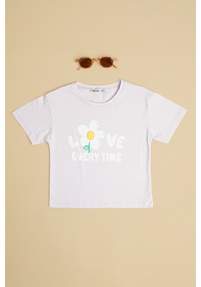 Fullamoda Love Every Time Baskılı Kız Çocuk Crop Tişört Lila