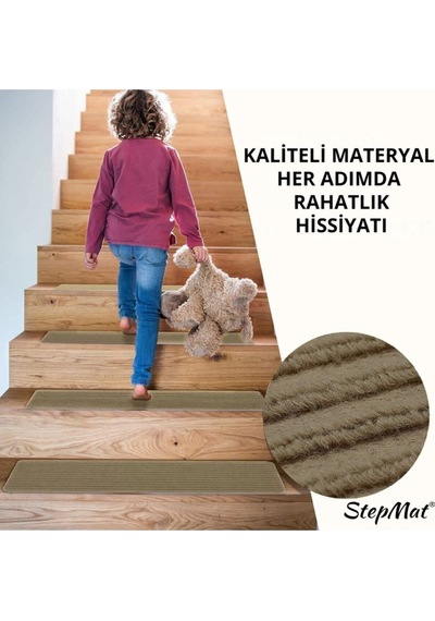 Kare Kaymaz Tabanlı Ve Yıkanabilir Merdiven Basamak Halısı - Bej / Adet Olarak Satılır Null