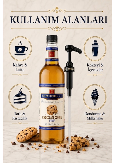 Simonelli Çikolatalı Kurabiye Chocolate Cookie Aromalı Kahve ve Kokteyl Şurubu 700 ML + Şurup Pompası - Latte Frappe Milkshake ve Tatlı Şurubu